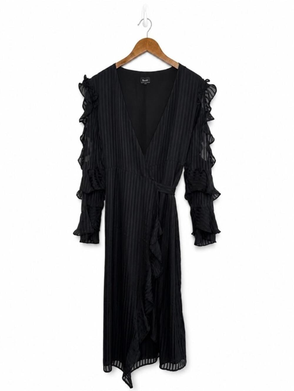 Bardot Women's Black Ruffle Sleeve Wrap Midi Dress Size US 10